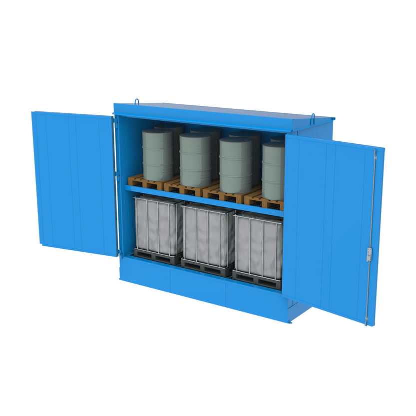 Brandsäker miljöcontainer EI60 3,8 x 1,5 m för 6 st IBC eller 20 st 200-liters fat