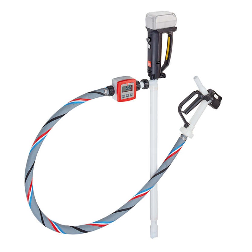 Batteridriven fatpump B2 PVDF med flödesmätare, rörlängd 1000 mm