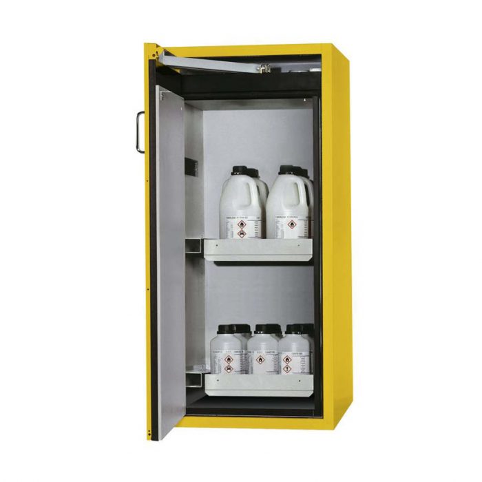 Brandsäkert kemikalieskåp Edition G-600-2-FL, bredd 600 mm, 2 utdragskar, vänsterhängd dörr - Gul