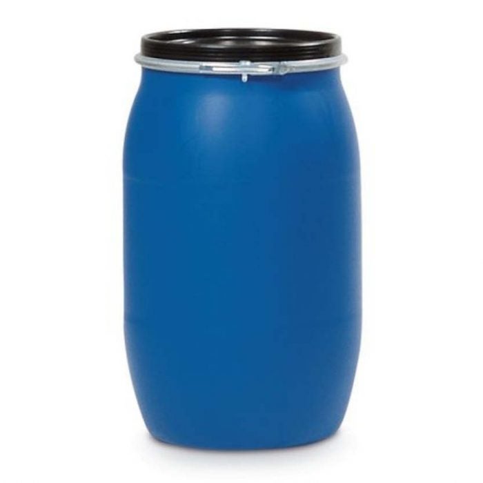 Plastfat 200 L, blå, UN, godkänt för livsmedel, lock med spännring