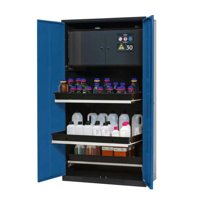 Kemikalieskåp Systema-Plus CS-30-T, med tre utdragskar och säkerhetsbox - Blå