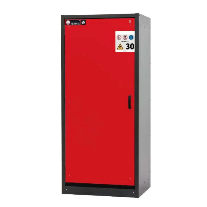 Brandklassat kemikalieskåp BaseLine 30-94L, bredd 900 mm, fyra utdragskar, vänsterhängd dörr - Röd