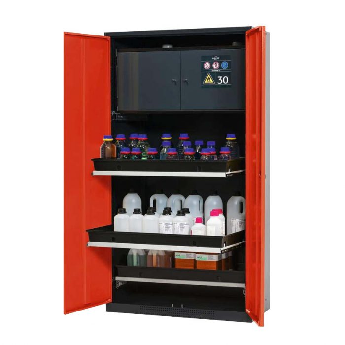 Kemikalieskåp Systema-Plus CS-30-T, med tre utdragskar och säkerhetsbox - Röd