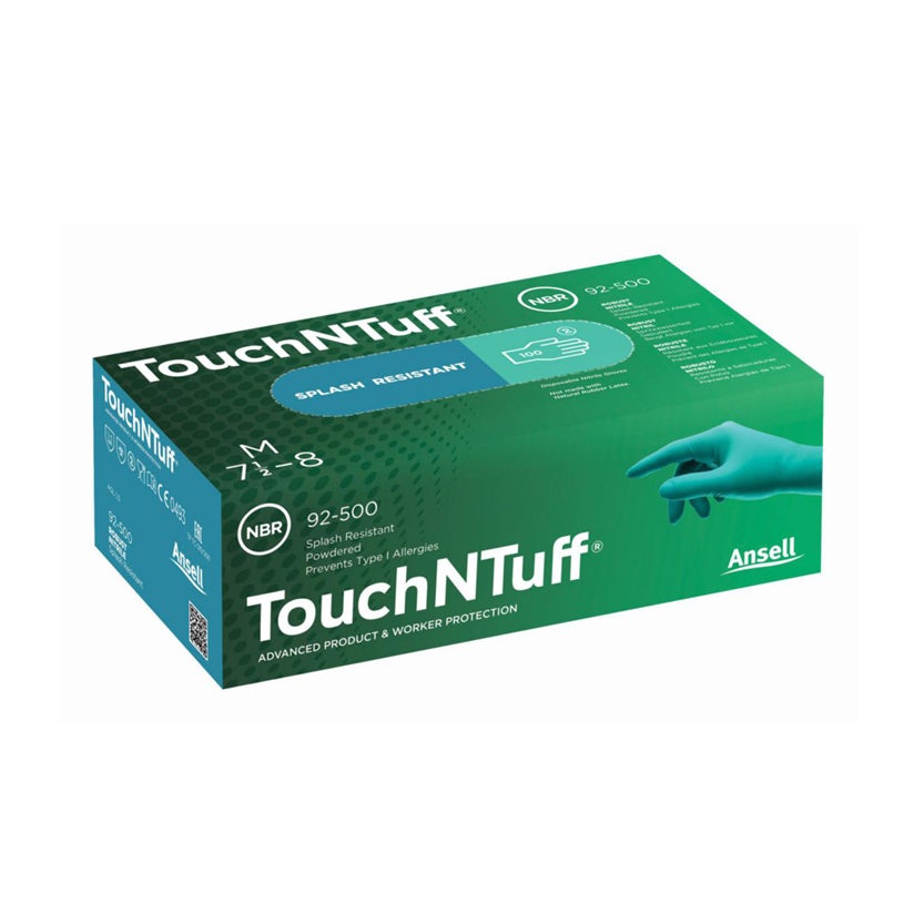 Engångshandske TouchNTuff 92-500 grön, pudrad nitril, stl S