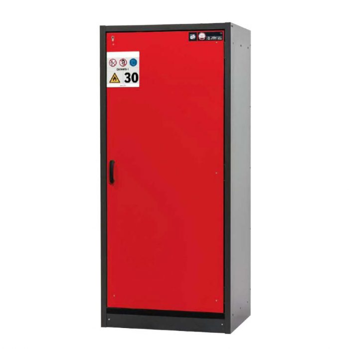 Brandklassat kemikalieskåp BaseLine 30-94R, bredd 900 mm, fyra utdragskar, högerhängd dörr - Röd