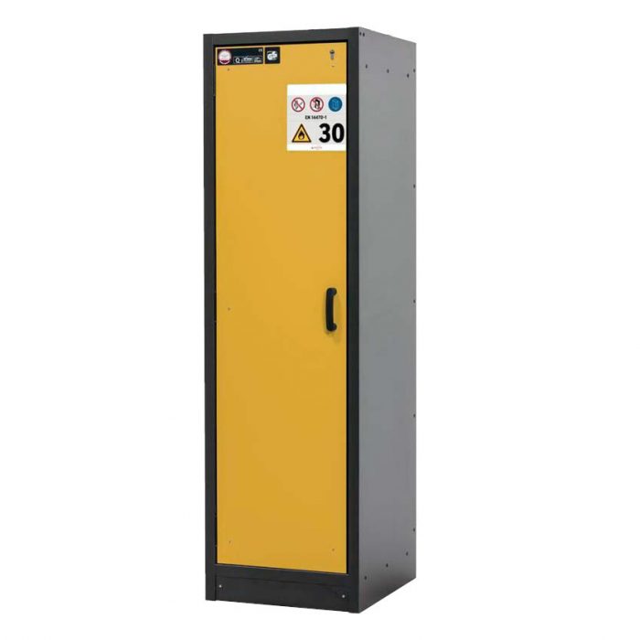 Brandklassat kemikalieskåp BaseLine 30-64L, bredd 600 mm, fyra utdragskar, vänsterhängd dörr - Gul