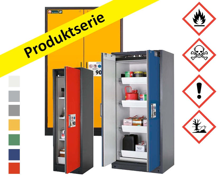 Tre modeller av brandsäkra kemikalieskåp Select med en brandklass på 90 min.