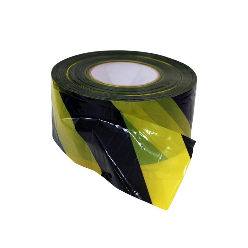 Avspärrnings- och varningsband svart/gul 75 mm x 500 m