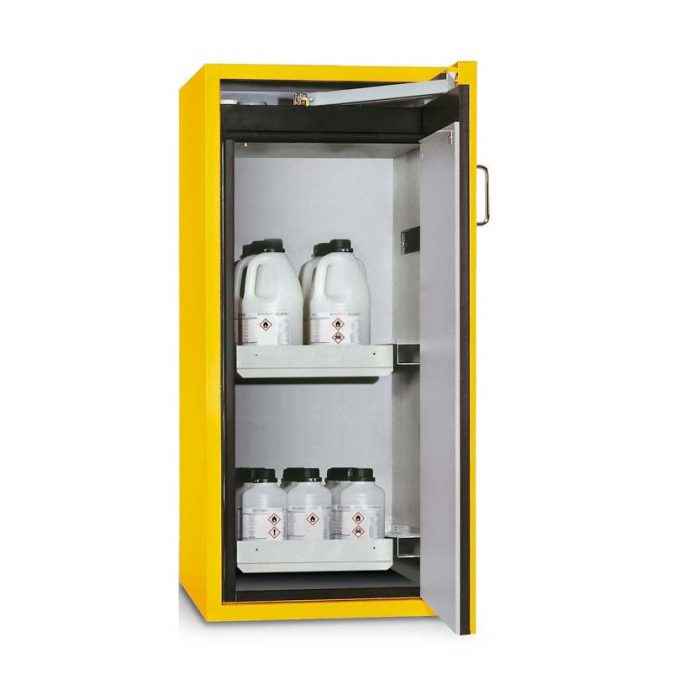Brandsäkert kemikalieskåp Edition G-600-2-FPR, bredd 600 mm, 2 utdragskar, högerhängd dörr - Gul