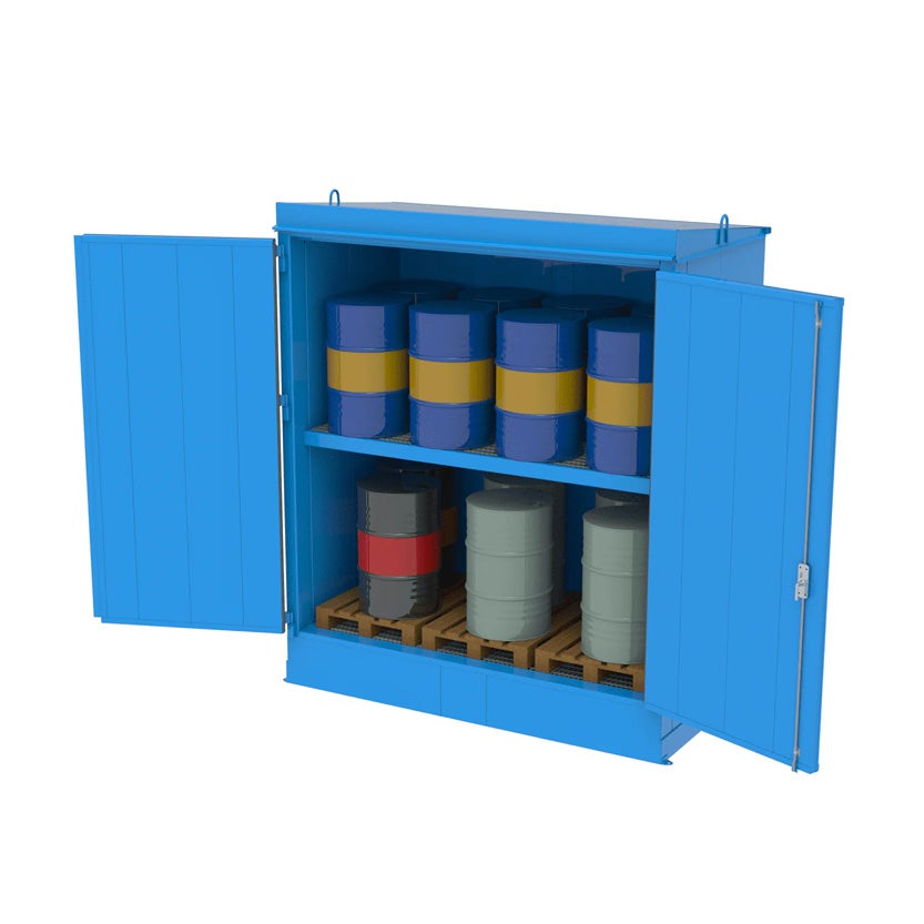 Brandsäker miljöcontainer EI60 3 x 1,5 m för 16 st 200-liters fat