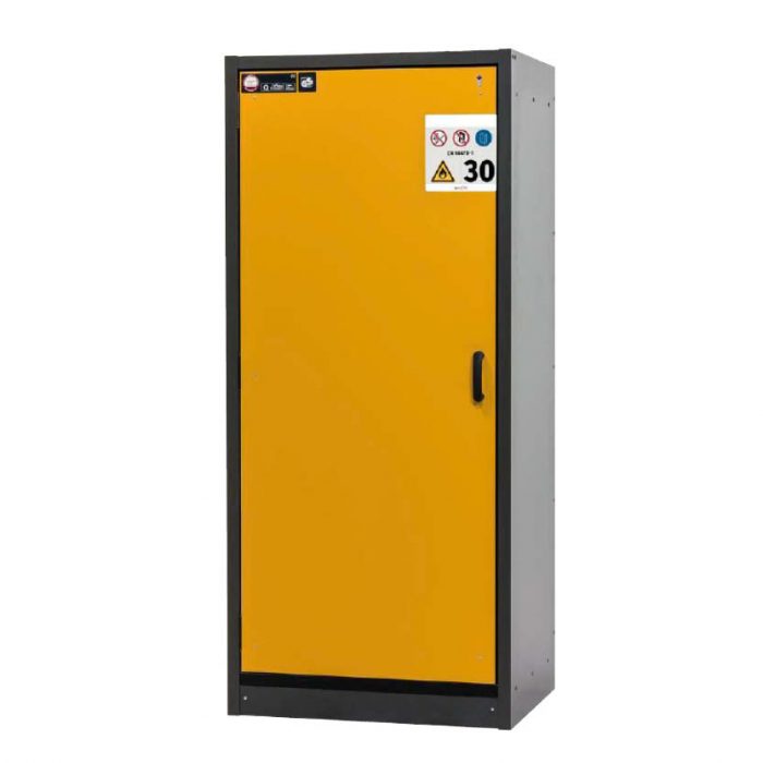 Brandklassat kemikalieskåp BaseLine 30-94L, bredd 900 mm, fyra utdragskar, vänsterhängd dörr - Gul