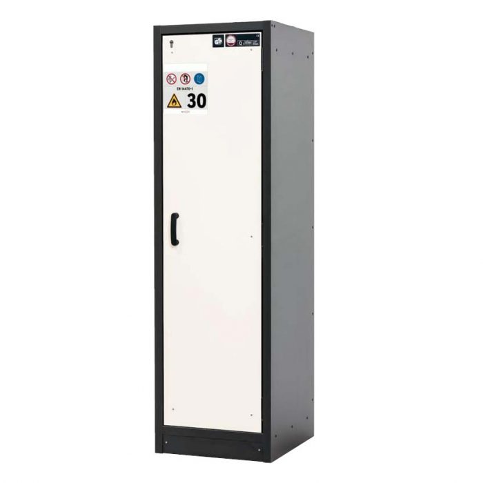 Brandklassat kemikalieskåp BaseLine 30-64R, bredd 600 mm, fyra utdragskar, högerhängd dörr - Vit