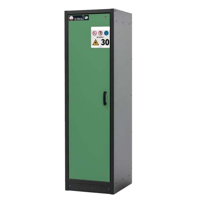 Brandklassat kemikalieskåp BaseLine 30-64L, bredd 600 mm, fyra utdragskar, vänsterhängd dörr - Grön