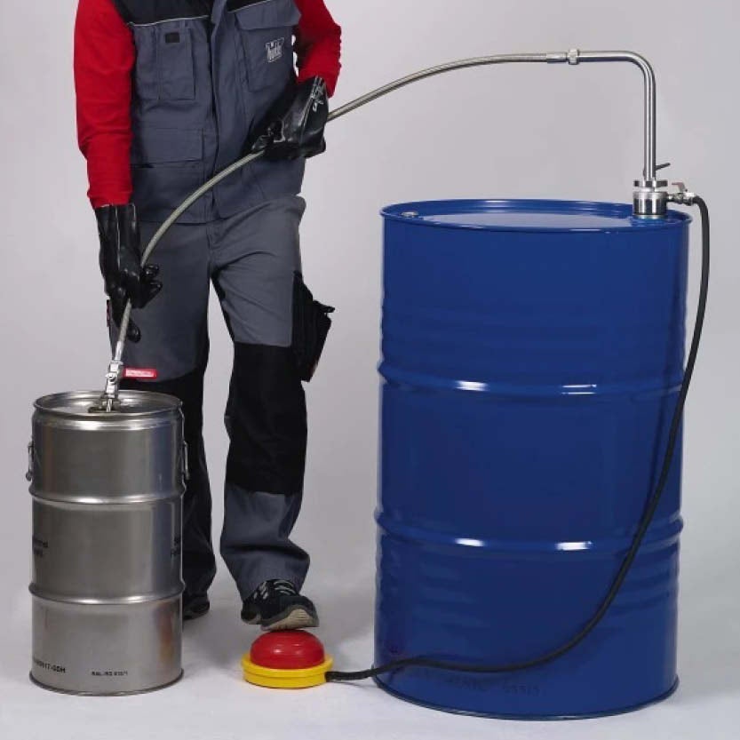 Pump av rostfritt stål, med slang, fotmanövrerad, ATEX-klassad