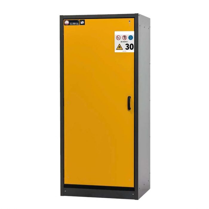 Brandklassat kemikalieskåp BaseLine 30-96L, bredd 900 mm, sex utdragskar, vänsterhängd dörr - Gul
