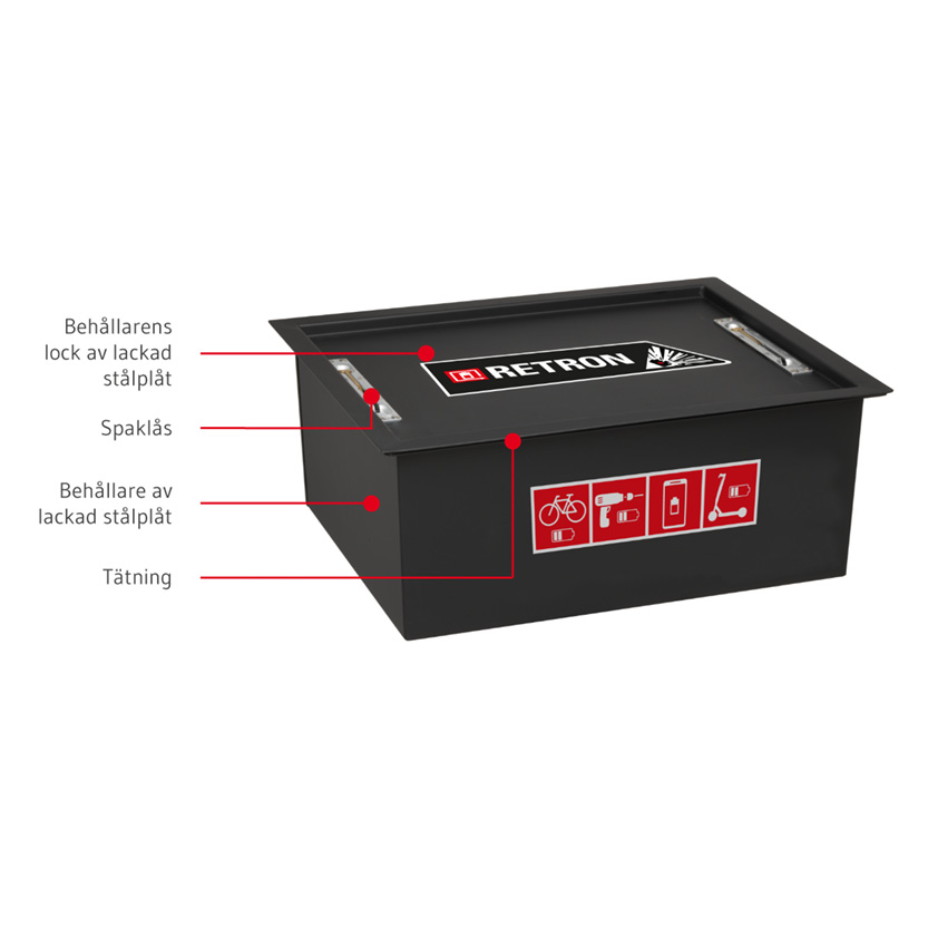 Batteribox Retron för brandskyddad laddning, förvaring och transport av litiumbatterier