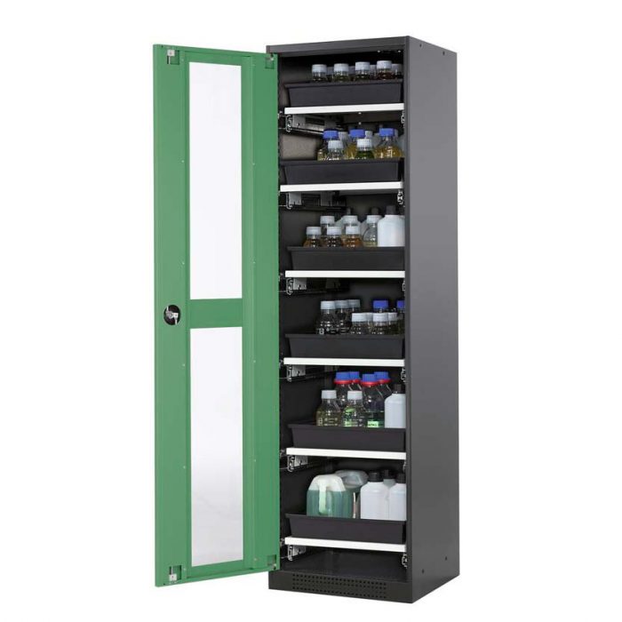 Kemikalieskåp Systema CS56LGU, med enkeldörr, sex utdragskar och glasinsats - Grön