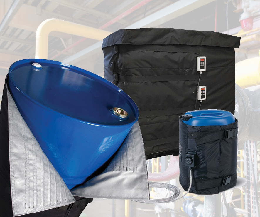 Tre olika typer av värmemantlar för plastdunk, plåtfat och IBC-tank.