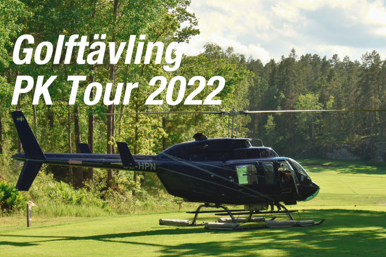 En helikopter som står på en golfbana, text över bilden "Golftävling PK Tour 2022"