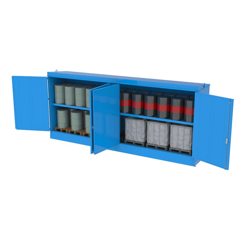 Brandsäker miljöcontainer EI60 7,7 x 1,5 m för 12 st IBC eller 44 st 200-liters fat