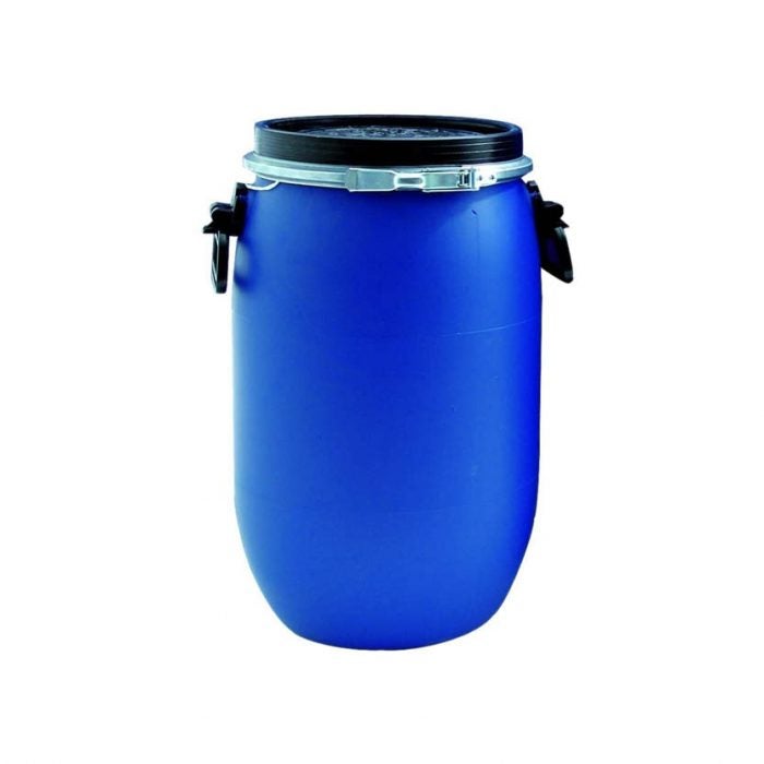 Plastfat 60 L, blå, UN, godkänt för livsmedel, lock med spännring