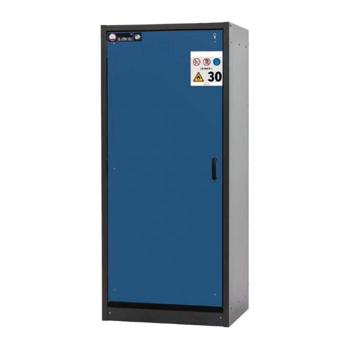 Brandklassat kemikalieskåp BaseLine 30-94L, bredd 900 mm, fyra utdragskar, vänsterhängd dörr - Blå
