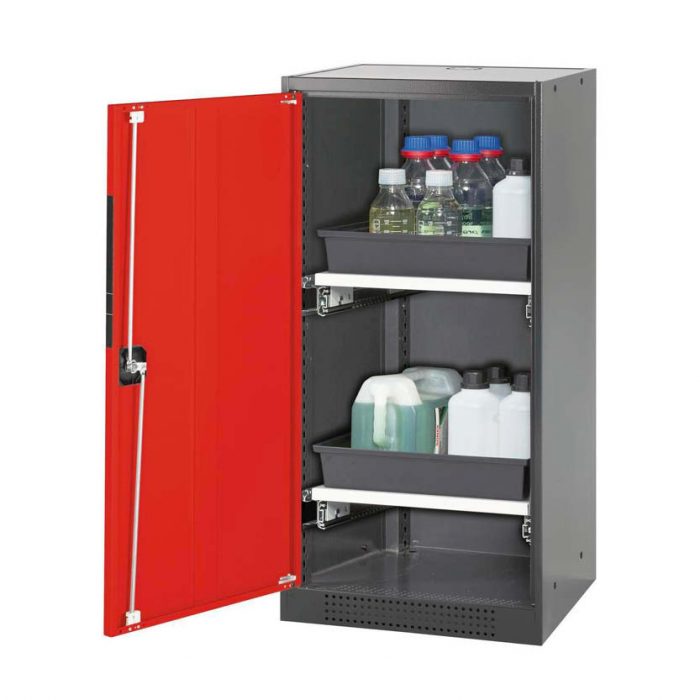Kemikalieskåp Systema CS52LU, med enkeldörr och två utdragskar - Röd