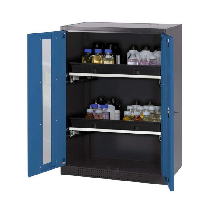 Kemikalieskåp Systema CS82GU, med pardörrar, två utdragskar och glasinsats - Blå