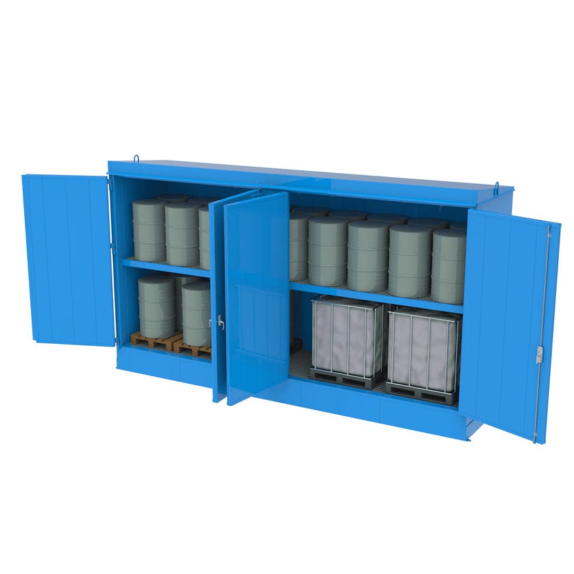 Brandsäker miljöcontainer EI60 6 x 1,5 m för 8 st IBC eller 36 st 200-liters fat