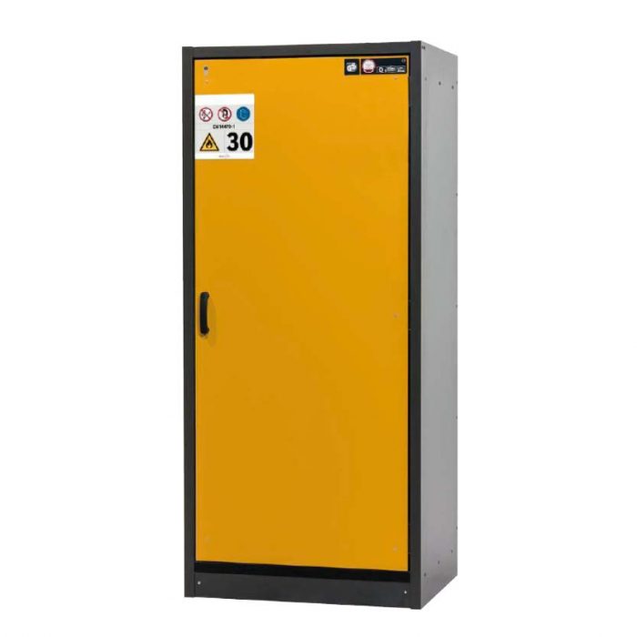 Brandklassat kemikalieskåp BaseLine 30-94R, bredd 900 mm, fyra utdragskar, högerhängd dörr - Gul