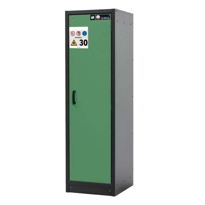 Brandklassat kemikalieskåp BaseLine 30-63R, bredd 600 mm, tre hyllplan, högerhängd dörr - Grön