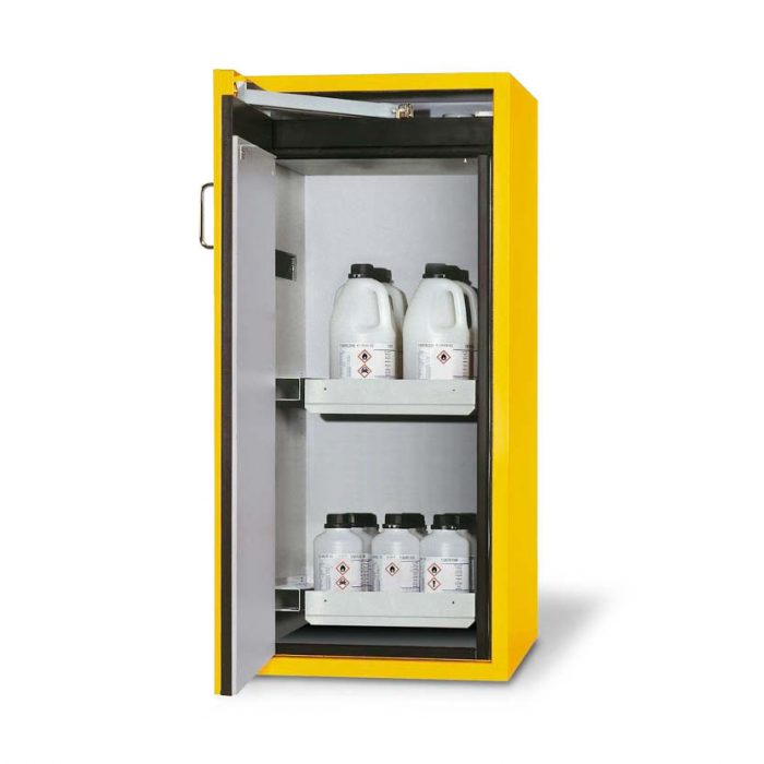Brandsäkert kemikalieskåp Edition G-600-2-FPL, bredd 600 mm, 2 utdragskar, vänsterhängd dörr - Gul