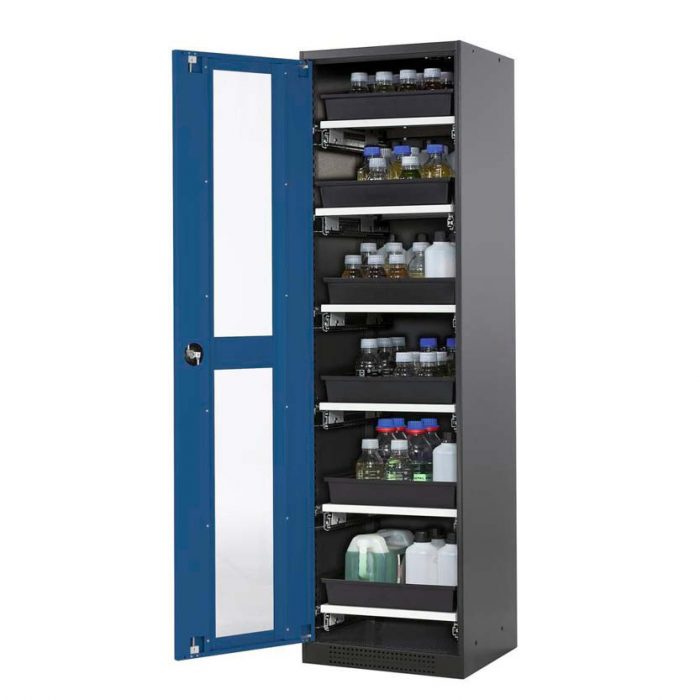 Kemikalieskåp Systema CS56LGU, med enkeldörr, sex utdragskar och glasinsats - Blå