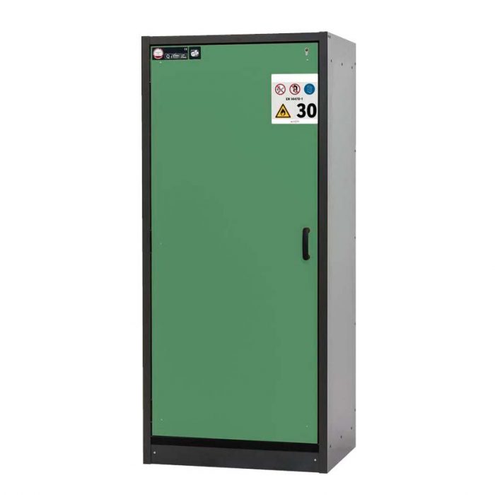 Brandklassat kemikalieskåp BaseLine 30-96L, bredd 900 mm, sex utdragskar, vänsterhängd dörr - Grön