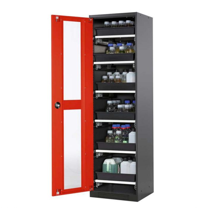 Kemikalieskåp Systema CS56LGU, med enkeldörr, sex utdragskar och glasinsats - Röd