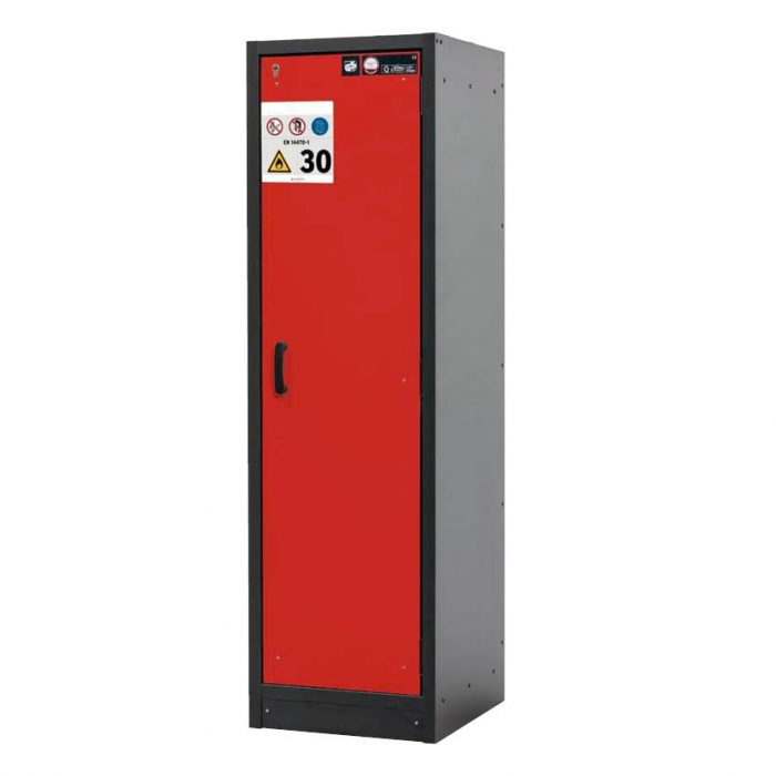 Brandklassat kemikalieskåp BaseLine 30-64R, bredd 600 mm, fyra utdragskar, högerhängd dörr - Röd