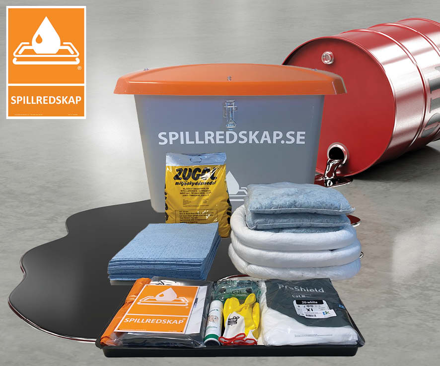 Redskapslåda fylld med spillredskap, i bakgrunden syns ett plåtfat som läcker olja.