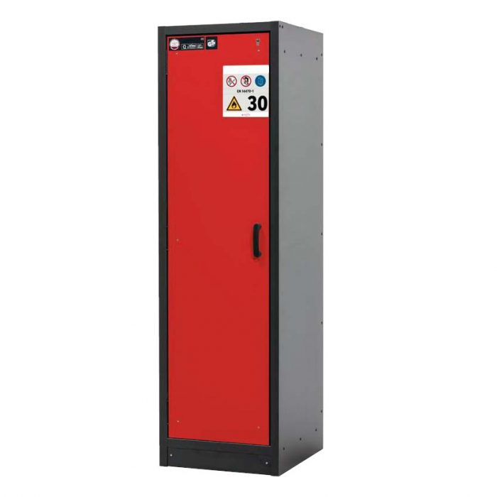 Brandklassat kemikalieskåp BaseLine 30-63L, bredd 600 mm, tre hyllplan, vänsterhängd dörr - Röd