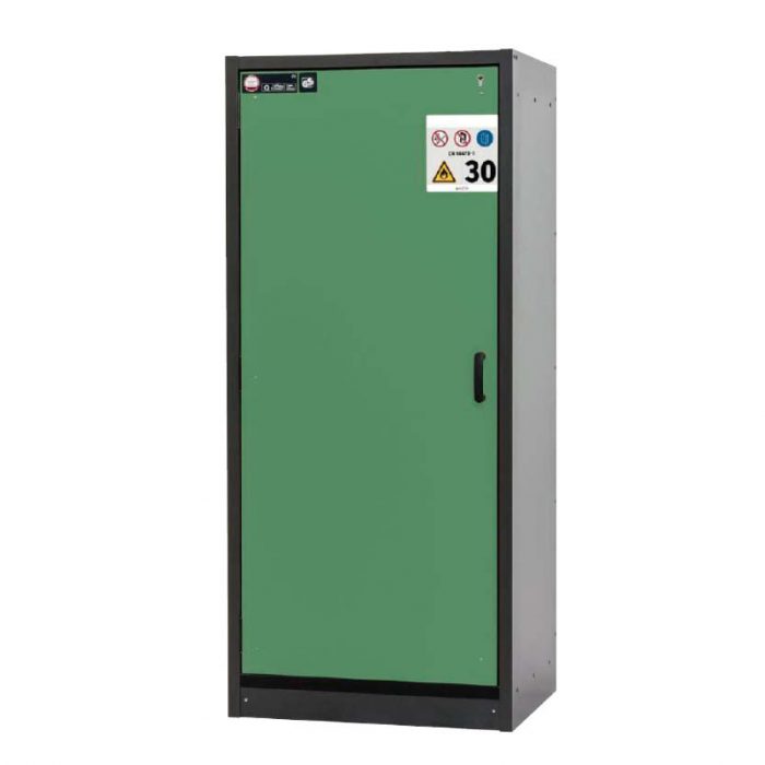 Brandklassat kemikalieskåp BaseLine 30-94L, bredd 900 mm, fyra utdragskar, vänsterhängd dörr - Grön